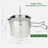 Mastiff Gears Ā® 304 (18/8) Stainless Steel Ultimate Camping Kettle/Pot/Cup 3-in-1 with Lid and Folding/Hanging Handles 50oz / 1.4 L